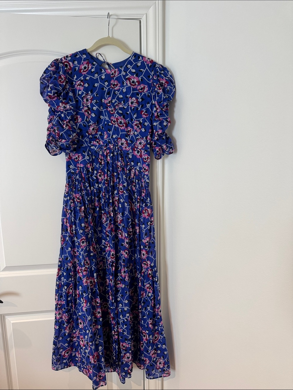 Isabel Marent Toile Blue Floral Puff-Sleeve Midi Dress with open back